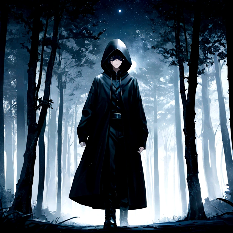  ((((Dark and moody, 1 boy), (black hair), (hood up), (black hood, dark mask:0.8), ((full body), dark clothes, contrast with black)), (background), moon:0.7, (trees, nighttime, forest:0.9), (midnight blue sky), ((highlighted by stars)), (standing), looking down, (( serious expression)), (wispy fog), mystery, stealth, umbranox, assassin, dark, mysterious:1.0)