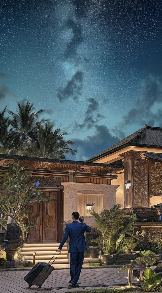 The photo realistic features a luxurious villa in Bali with a large patio and a palm tree. man walking with suitcase, The sky is cloudy, and the star is visible. star in the blue sky