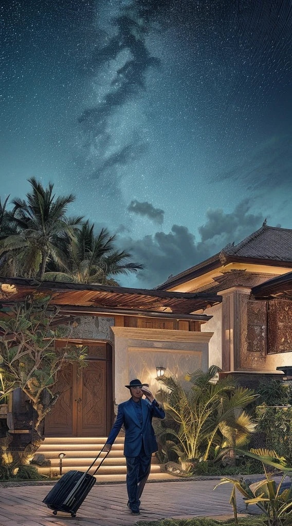 The photo realistic features a luxurious villa in Bali with a large patio and a palm tree. man walking with suitcase, The sky is cloudy, and the star is visible. star in the blue sky