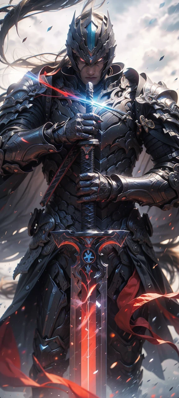 A fierce warrior in full white armor, wearing a large black circle symbol on his chest, wielding a big sword, dynamic battle-ready pose, highly detailed armor textures, sharp sword, dramatic stormy sky background, vivid colors, masterpiece, 8k, photorealistic, chiaroscuro lighting, strong contrast, cinematic composition