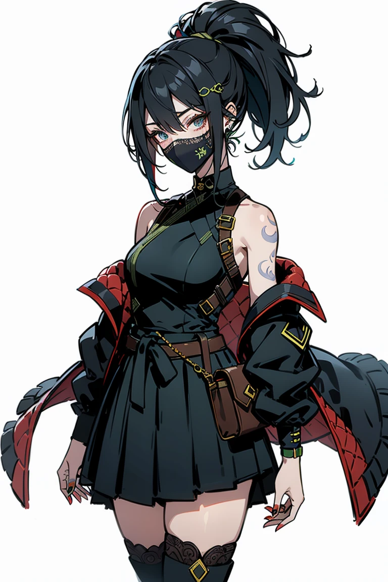 deadline \(League of Legends\), 1 girl Akali, I look at the viewer, League of Legends, climax, got up, hand tattoos, 1 girl , Tying hair , black hair color, hair between eyes, Fashionable wind, with long bangs, long gray hair, (wearing a mask:1.2), ninja artist, ponytail, waist bag, tattoo is, Lizzie Hellesta, virtual youtuber, white shoes, Blue Socks, A skirt, Raised my feet, (blue hair), boots, armbands, Blue eyes, through bangs, hair ornaments, White background, Crossover lace-up shoes, Lesbian in full view, Blue Skirts, simple background, I look at the viewer, long sleeves, pleated skirt, shut up, Eternal, kneehigh boots, One, Lace-up boots, shirt, jacket, smile, белая jacket, stockings under boots, absolute chance, medium breasts, White shirt, decorative style, safety pin