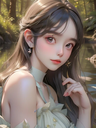 (best quality, 4k, 8k, highres, masterpiece:1.2), ultra-d etailed,(realistic, photorealistic,photo-realistic:1 .37), portrait of fairies,enjoying water play in a beautiful r iver in the forest,fairy with detailed face and hands, enchanted woodland scene, sparkling water, sunlig ht streaming through the trees, vibrant colors, ether eal atmosphere, delicate wings, flowing dresses, mi schievous expressions, shimmering reflections on t he water surface