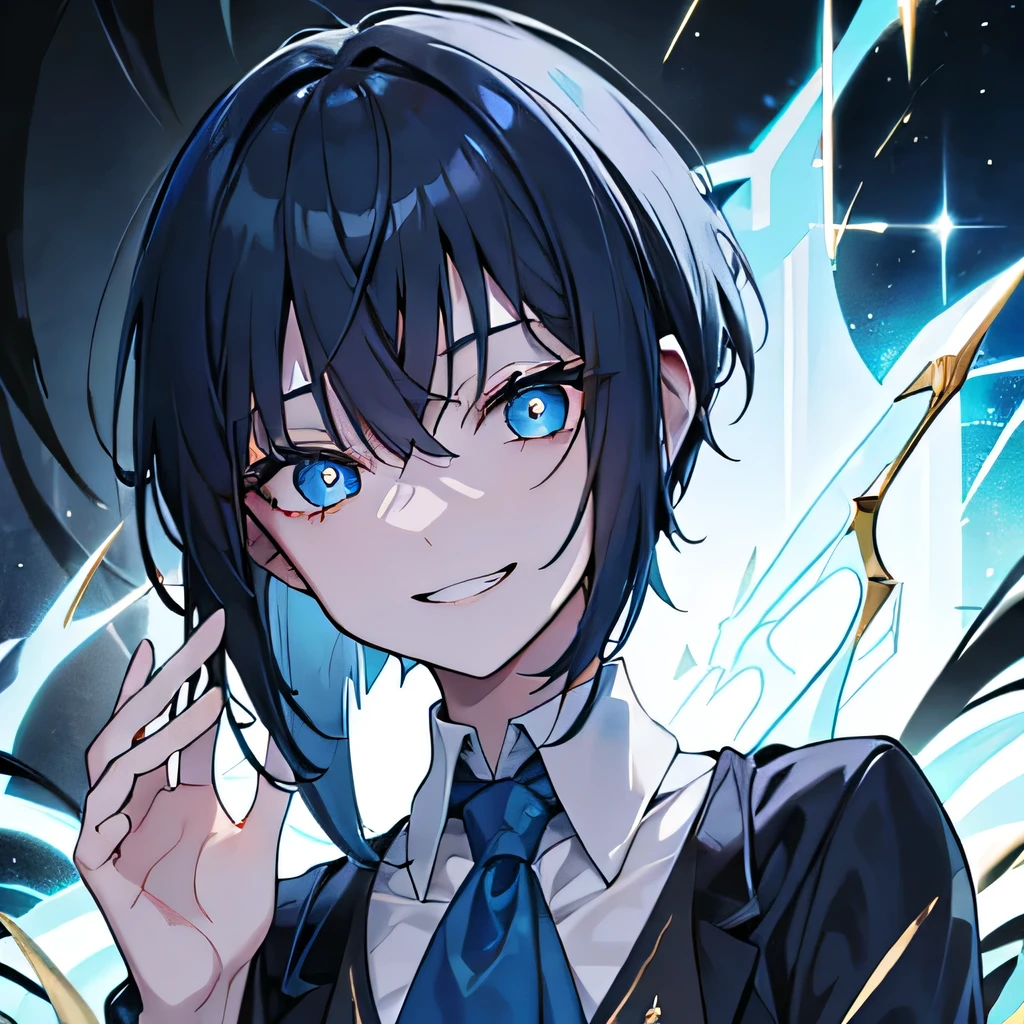 one，Short dark blue ear-length hair，Ice blue pupils，There is a glimmer of gold in the eyes，Dangerous creepy smile，Suits