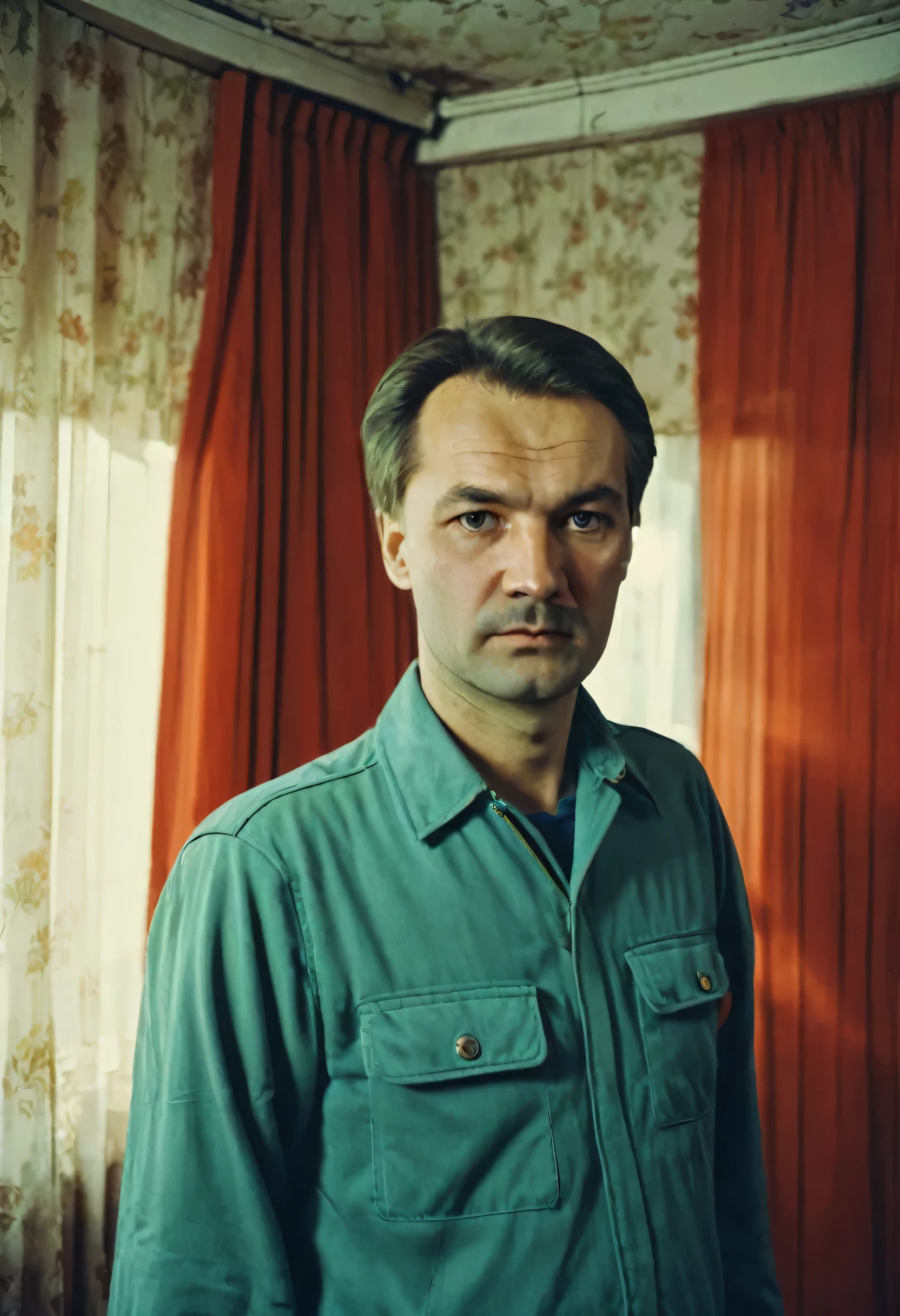 Color photo in the style of the USSR 1980, portrait. man 40 years old, fa background of a USSR apartment in the 1980s. sad
