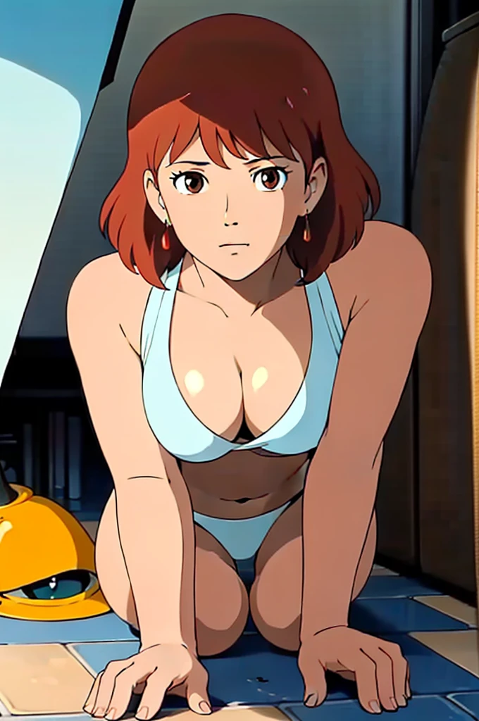 Browsing Caution,(masterpiece, highest quality, High resolution, Anime screenshots, Anime Color, 8k, Realistic), Nausicaa, very cute Girl, sexual provocation, alone, Brown Hair, short hair, Red Gem Earrings, Excitement, Shining eyes, (Looking at the audience), Beautiful breasts, Cleavage, (Micro Bikini), Perfect beauty, School classroom, (Perfectly detailed anatomy, Beautiful and elaborate face&eye:1.5, Shiny skin, Perfect body)、I want to see the whole body