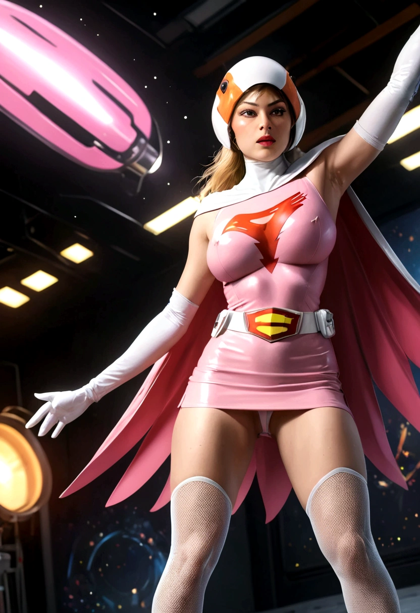 A girl in pink Gatchaman costume, long boots, long gloves, standing, one leg up, detailed face, H3JTS, giga_busty, best quality, 4k, 8k, highres, masterpiece:1.2, ultra-detailed, realistic, photorealistic, photo-realistic:1.37, HDR, UHD, studio lighting, ultra-fine painting, sharp focus, physically-based rendering, extreme detail description, professional, vivid colors, bokeh, concept art