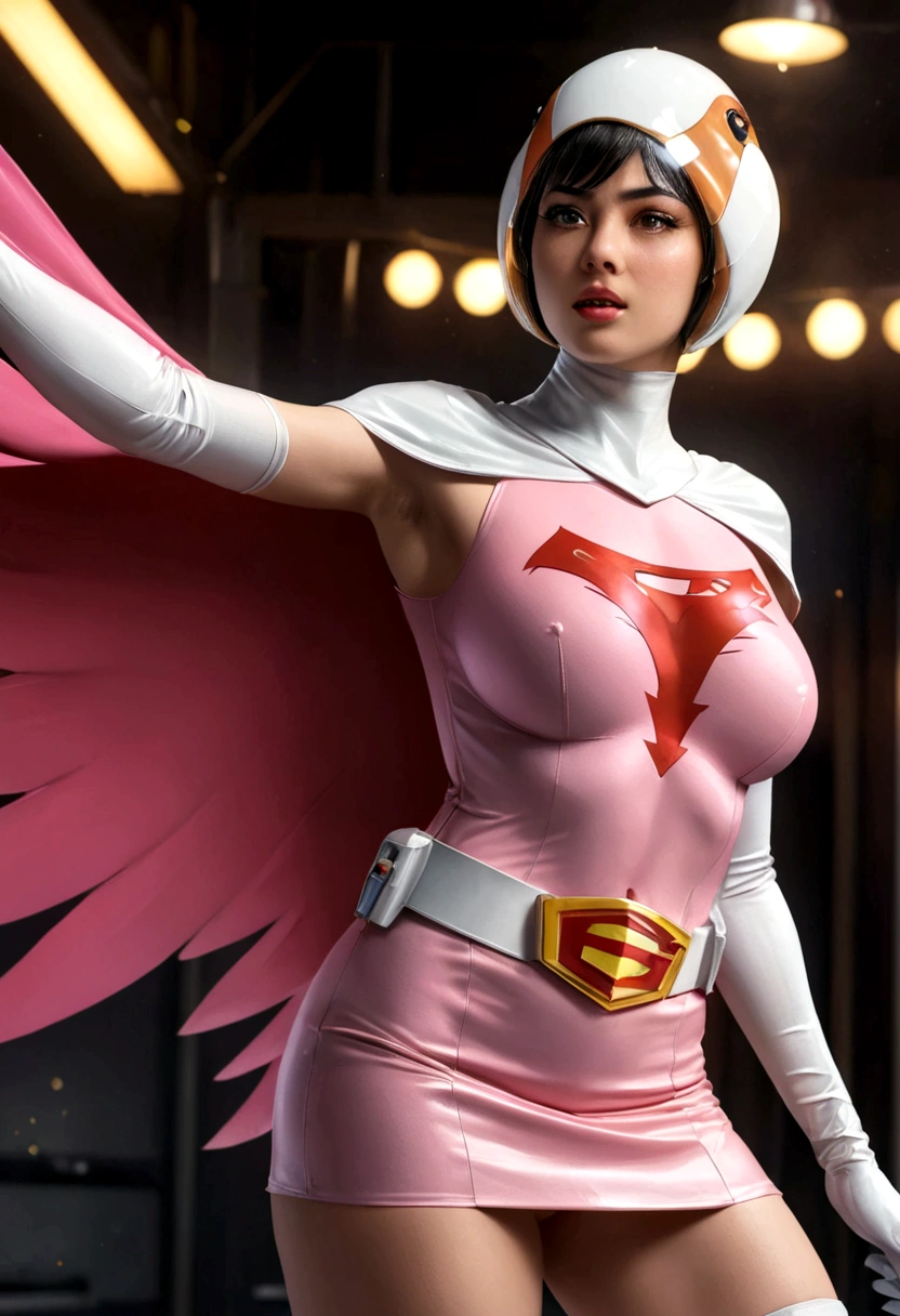 A girl in pink Gatchaman costume, long boots, long gloves, standing, one leg up, detailed face, H3JTS, giga_busty, best quality, 4k, 8k, highres, masterpiece:1.2, ultra-detailed, realistic, photorealistic, photo-realistic:1.37, HDR, UHD, studio lighting, ultra-fine painting, sharp focus, physically-based rendering, extreme detail description, professional, vivid colors, bokeh, concept art