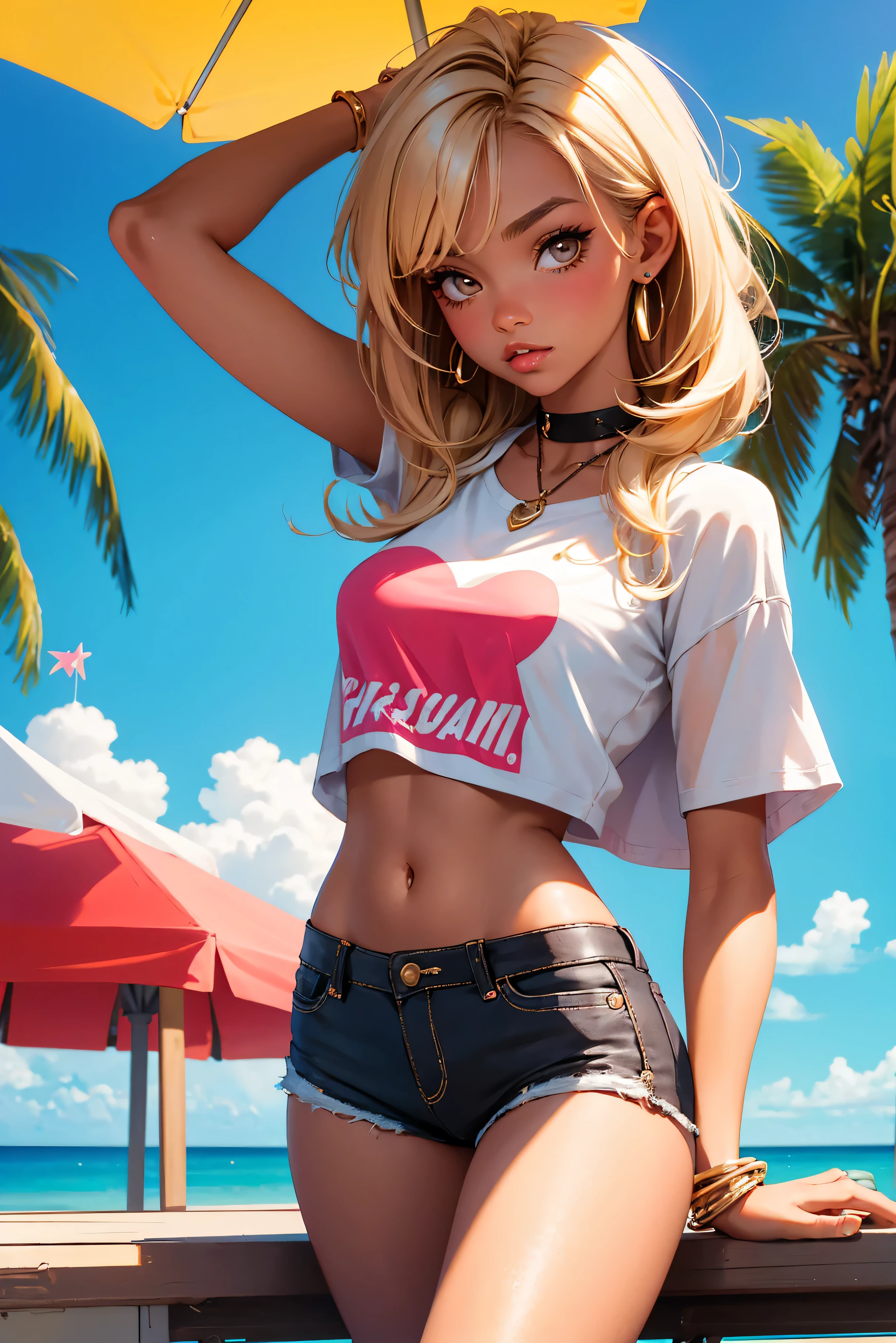 Teenage girl-model 18 years old, beautiful, tanned, blonde, bob hair, bangs, brown eyes, beautiful figure, girl wearing crop shirt and too short mini shorts, beautiful long legs, slave bracelets, slave choker, manicure, cute makeup, flirtatiously posing, hot summer, hot flirty, sexy posing, summer outfit, top quality, higest quality, pin-up style, retro 80s style, Daisy Dukes style, slave girl, Miami vibes