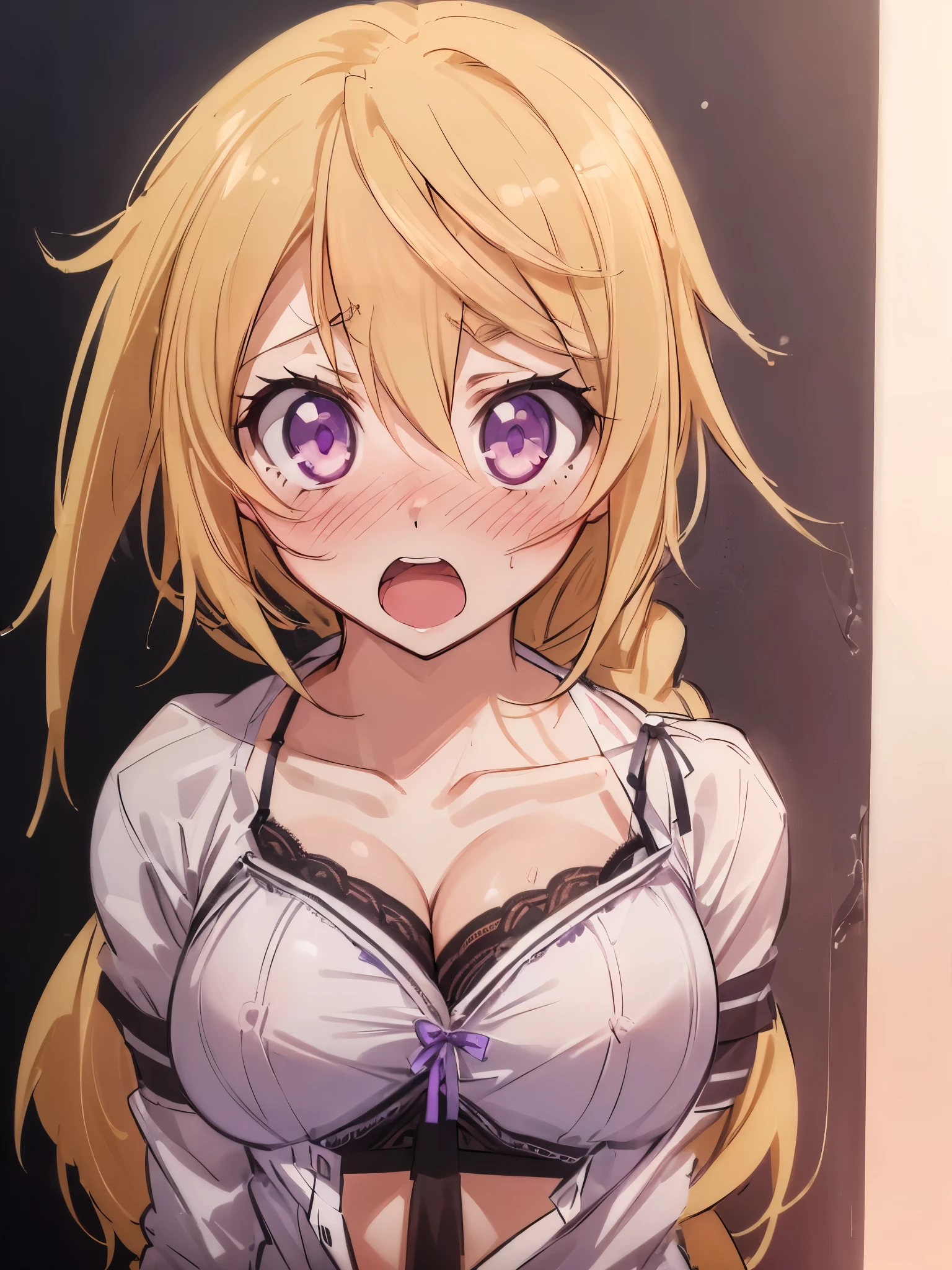 1boy, kujaku mai, blonde hair, purple eyes, breasts, blush, long hair, large breasts, elbow gloves, white gloves, navel, cleavage, detached sleeves, midriff, belt, vest, crop top, bustier, paizuri,  blush, breasts, (projectile cum),cum on body, cum on breasts, , cum on hair, facial, overflowing cum, covered in cum, hetero, (lying on the floor), male pubic hair, on back, (penis), pov, soaking wet, soaked in cum, sweaty, extended arms, nipples ,show nipples,medium , perfect , perfect nipples , perfect hands, perfect fingers, five fingers,closed mouth, happy