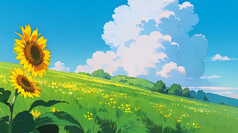 (((best quality))),blue_sky, dandelion, day, field , flower_field, holding_flower, horizon, kazami_yuuka, mountain, mountainous_horizon, outdoors, sky, summer, no human, no clouds
