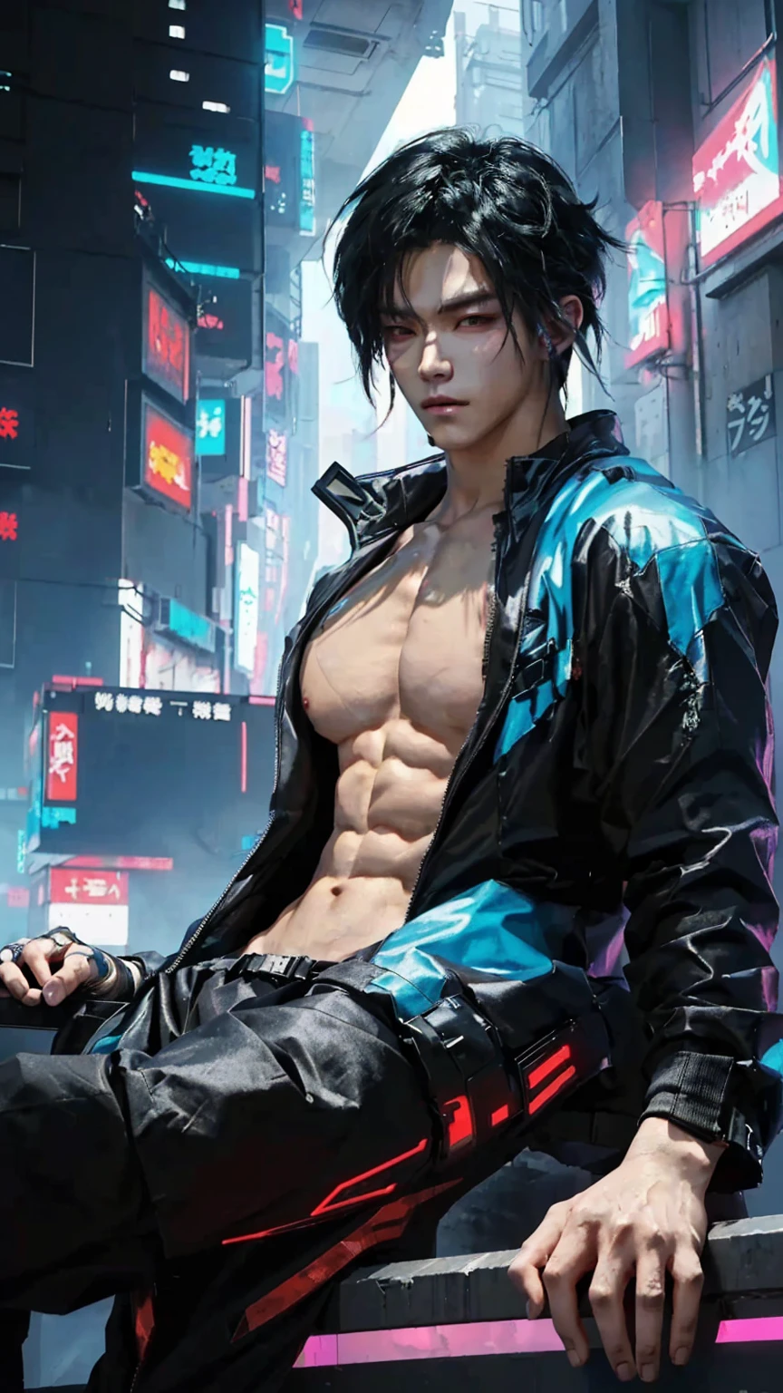 guy with a shirtless torso sitting on a ledge in a city, digital cyberpunk anime art, digital cyberpunk - cyberpunk art, cyberpunk art, artwork in the style of guweiz, ross tran style, modern cyberpunk anime, muscular! cyberpunk, inspired by Yanjun Cheng, handsome pose, oppai cyberpunk, cyberpunk art style,big muscle breasts, marvelous muscle , big chest
