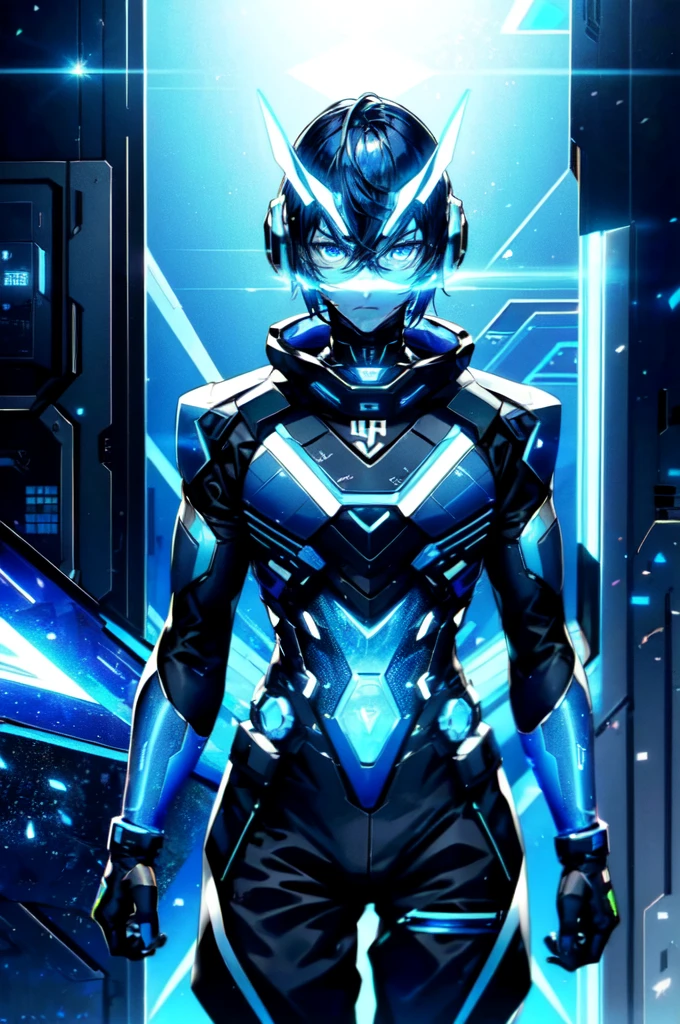 a guy, dark blue hair, crystal blue eyes, tall and quiet fit, bright blue futuristic looking veins on the forearms and hands, futuristic glasses holographic panel infront of the eyes looking like a headset, wearing sleeveless jacket, baggy pants, long boots, neon patterns, futuristic glasses, sci-fi, hightech, glowing blue veins, light skin, a cube hovering over palm, upper body only, male, boy, guy, handsome