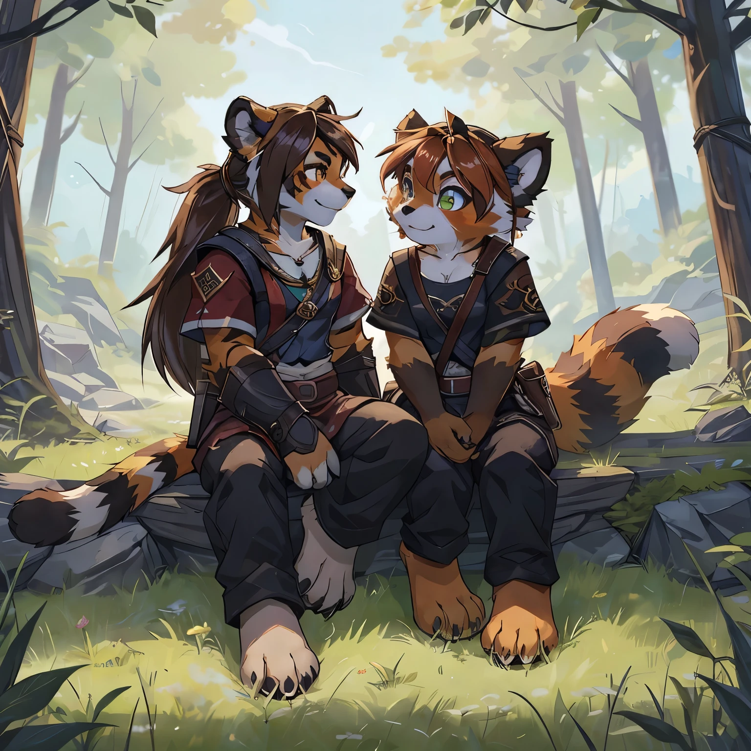 (4fingers), small_round_ears, small_panda_ears, pandaren, world_of_warcraft, furry, anthropomorphic, fluffy_tail, foxtail, cfemale, claws, red_panda, gren eyes, (pupils), (four_fingers), short hair, brown_hair, ((three_toes)), ((3toes)), ((detailed_eyes)), ((detailed_face)), detailed_hands, simple clothes, messenger bag, couple, lesbians, sitting on grass, forest, height difference,