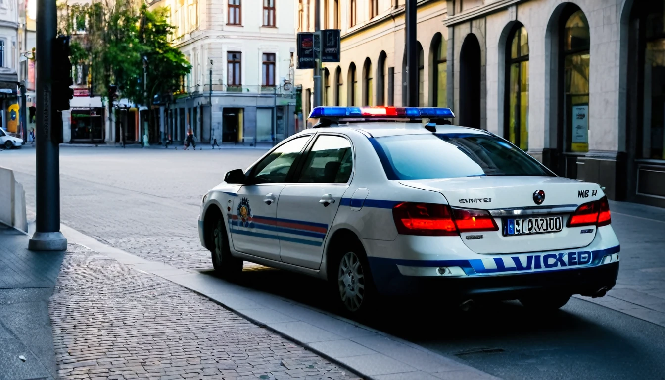 police car parked, close to the sidewalk, city center, no people on the street, late afternoon, sinister atmosphere