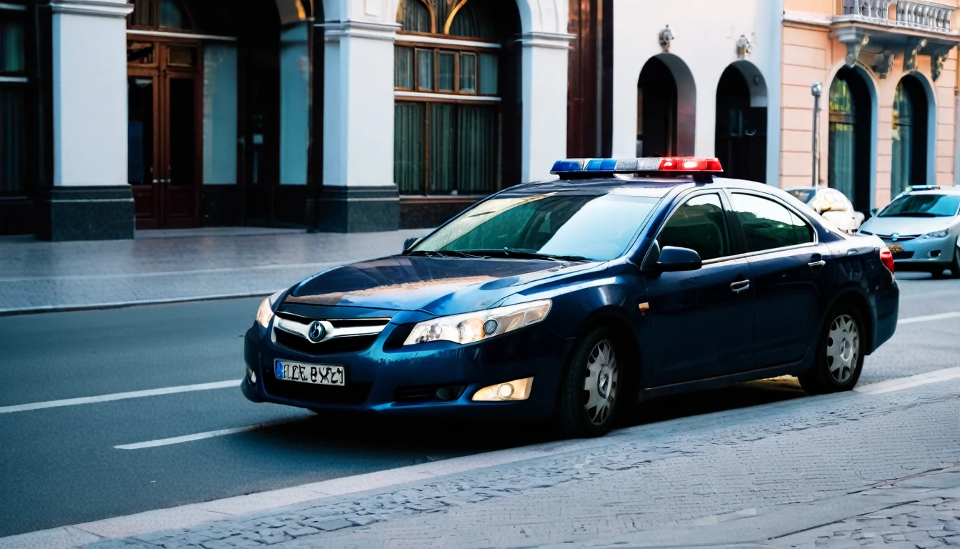 police car parked, close to the sidewalk, city center, no people on the street, late afternoon, sinister atmosphere