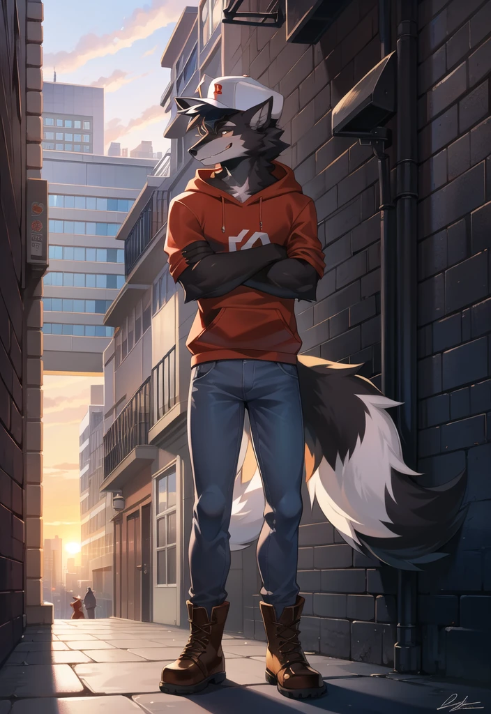 (Wolf, furry, anthropomorphic), male, standing in alleyway, city background, outside, wearing jeans wearing red hoodie, Furry art, Fur on arms, big Floofy tail, fur on legs, (Black Fur covering whole body, Best quality, human like body figure), looking at sunrise, wearing white hat, wearing boots