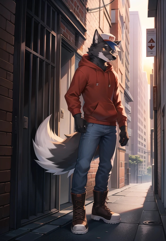 (Wolf, furry, anthropomorphic), male, standing in alleyway, city background, outside, wearing jeans wearing red hoodie, Furry art, Fur on arms, big Floofy tail, fur on legs, (Black Fur covering whole body, Best quality, human like body figure), looking at sunrise, wearing white hat, wearing boots