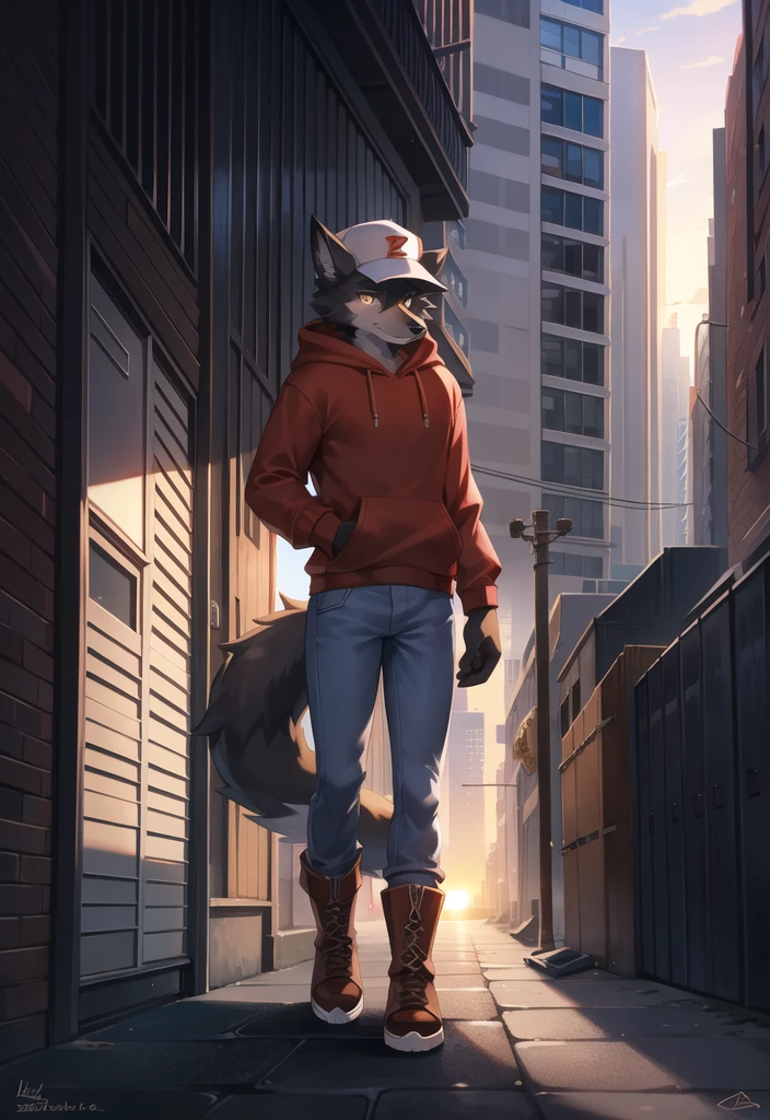 (Wolf, furry, anthropomorphic), male, standing in alleyway, city background, outside, wearing jeans wearing red hoodie, Furry art, Fur on arms, big Floofy tail, fur on legs, (Black Fur covering whole body, Best quality, human like body figure), looking at sunrise, wearing white hat, wearing boots