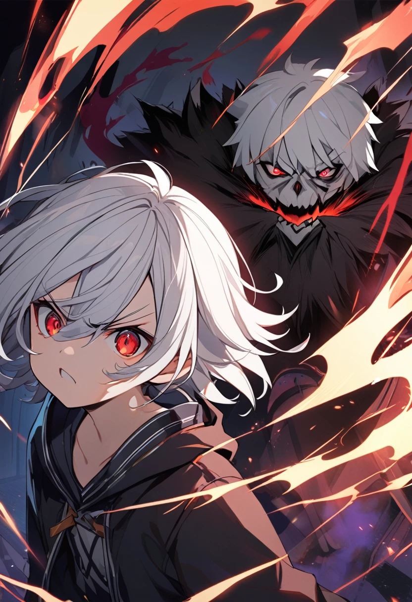 1 children,  dark aura, angry, red eyes, white hair, short hair, small, young