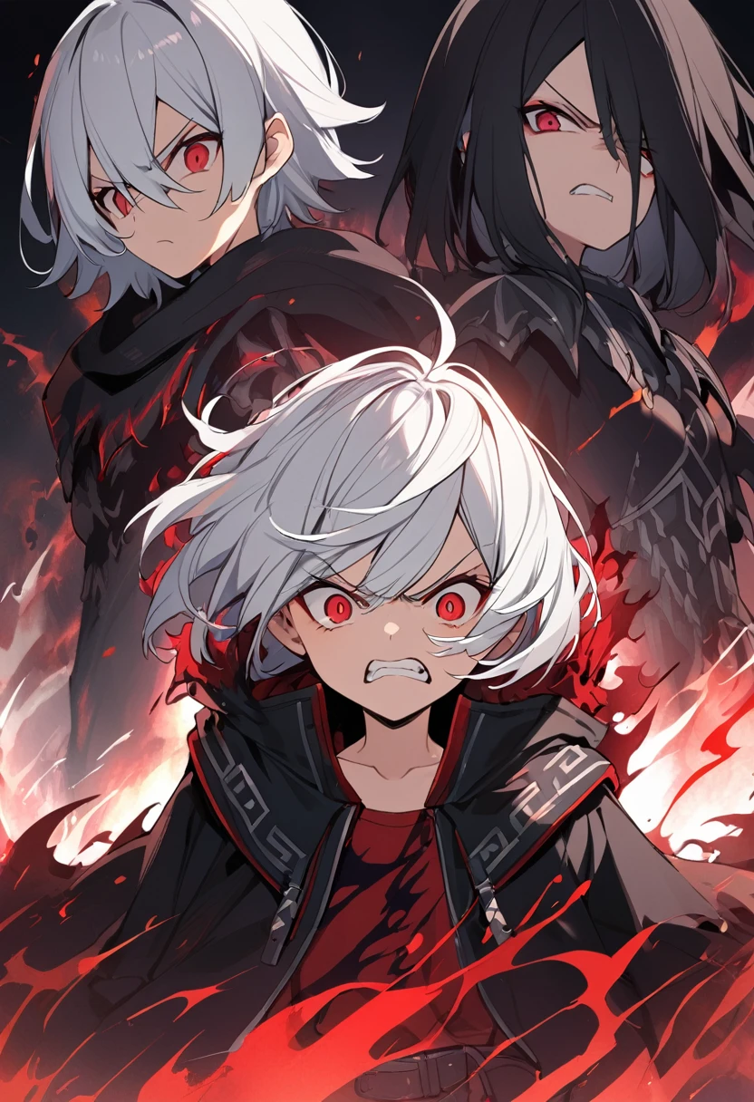 1 children, dark aura, angry, red eyes, white hair, short hair, small, young