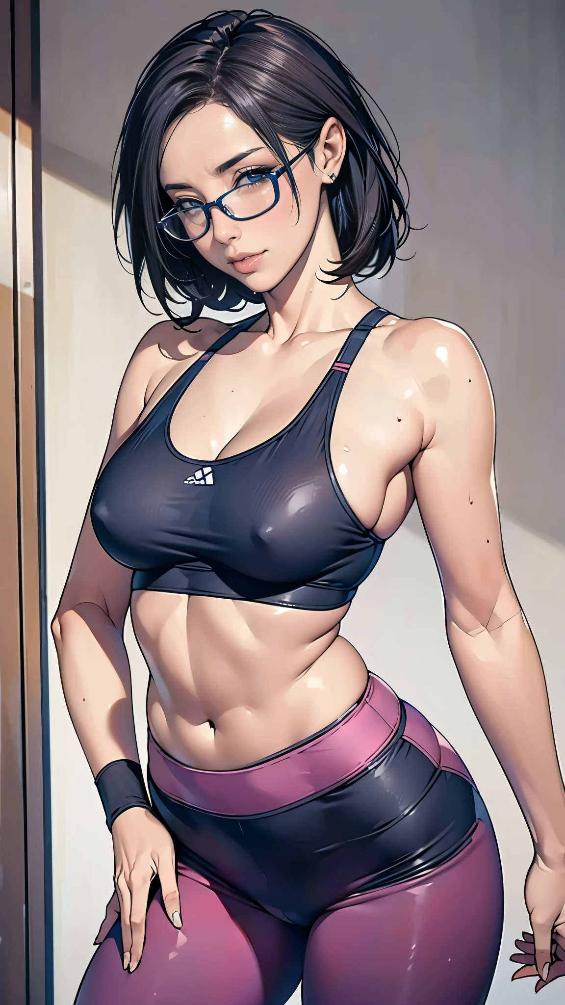 (masterpiece:1.2, highest quality), (Realistic, photoRealistic:1.4),8K,wallpaper,1 female,Mature Woman,50 years old,(A small, form-fitting sports bra),(Leggings that stick to the body),(Polyester leggings),BREAK(((Background Blur))),(((leggings))),(((betterhand))),Random hairstyle,Random pose