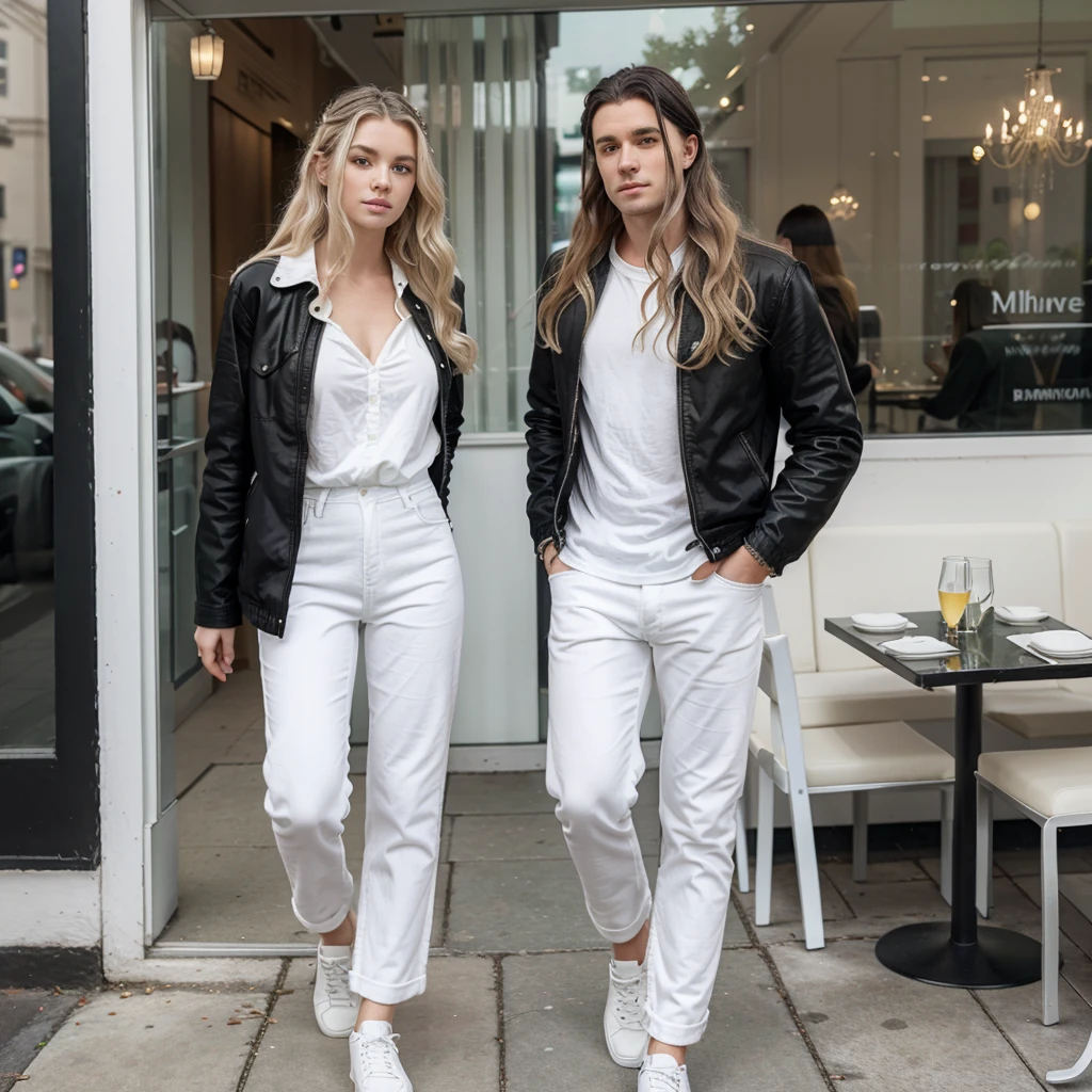 A white woman with wavy blonde hair and green eyes is wearing a long white dress. Next to her is a man, he is white with low-cut black hair, wearing black jeans, a white shirt and a black jacket and he is wearing white shoes. They are in front of a restaurant with glass decoration.