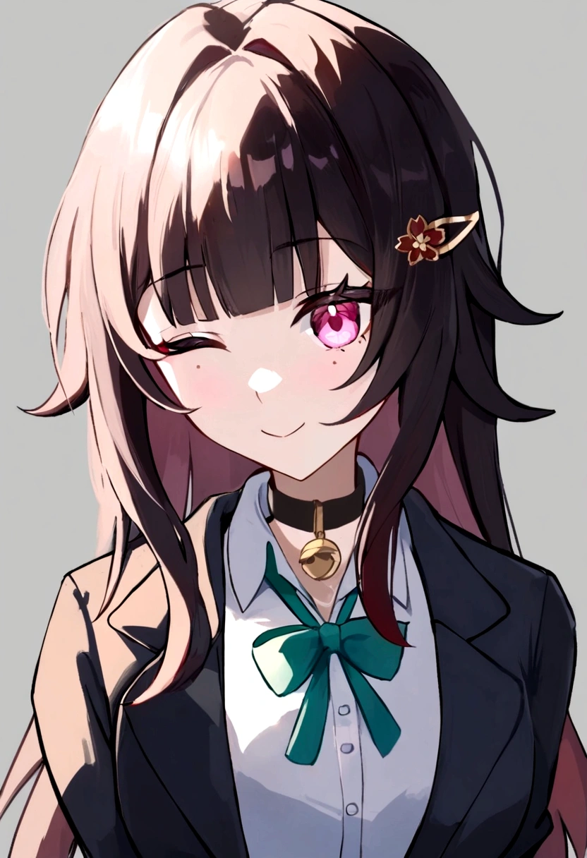 masterpiece, highest quality,One_eye_Closed, Closed_mouth, Side Lock, honkai_(series), black_Jacket, blazer, white_background, Looking_in_Audience, ribbon, honkai:_star_rail, One girl, Simple_background, head_ribbon, green_ribbon, 一人in, Jacket, white_shirt, Open_Jacket, Shine_(honkai:_star_rail), hair_ornament, smile, Open_Clothes, Portraiture, shirt, hairclip, With collar_shirt
