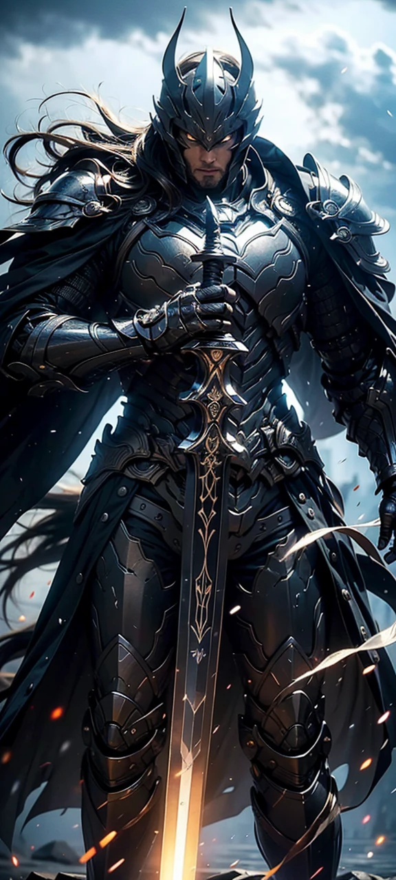 A fierce warrior in full white armor, wearing a large black circle symbol on his chest, wielding a big sword, dynamic battle-ready pose, highly detailed armor textures, sharp sword, dramatic stormy sky background, vivid colors, masterpiece, 8k, photorealistic, chiaroscuro lighting, strong contrast, cinematic composition