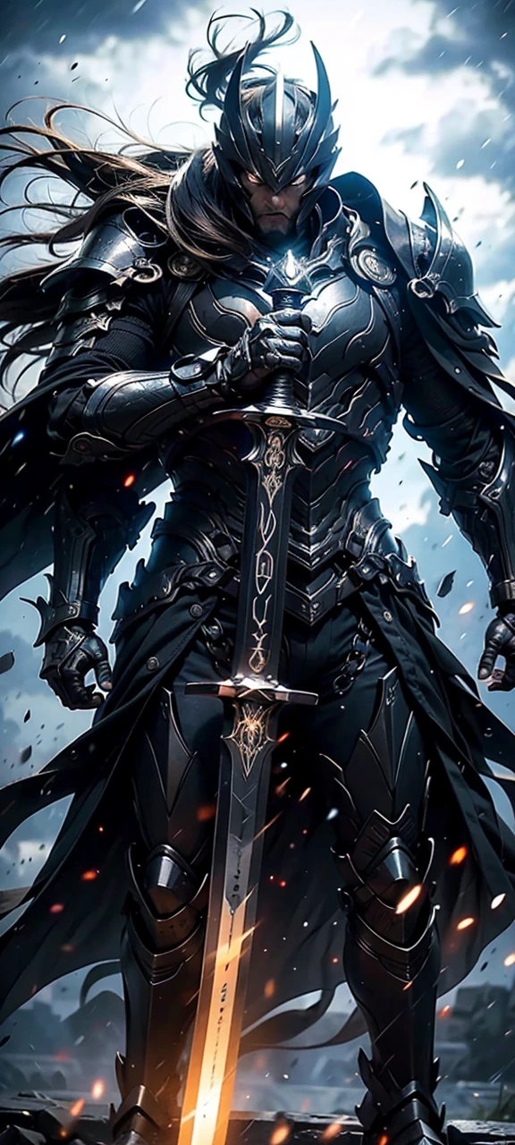 A fierce warrior in full white armor, wearing a large black circle symbol on his chest, wielding a big sword, dynamic battle-ready pose, highly detailed armor textures, sharp sword, dramatic stormy sky background, vivid colors, masterpiece, 8k, photorealistic, chiaroscuro lighting, strong contrast, cinematic composition