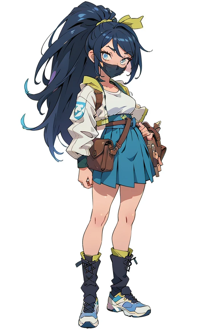deadline \(League of Legends\), 1 girl Akali, I look at the viewer, League of Legends, climax, got up, hand tattoos, 1 girl , Tying hair , black hair color, hair between eyes, Fashionable wind, with long bangs, long gray hair, (wearing a mask:1.2), ninja artist, ponytail, waist bag, tattoo is, Lizzie Hellesta, virtual youtuber, white shoes, Blue Socks, A skirt, Raised my feet, (blue hair), boots, armbands, Blue eyes, through bangs, hair ornaments, White background, Crossover lace-up shoes, Lesbian in full view, Blue Skirts, simple background, I look at the viewer, long sleeves, pleated skirt, shut up, Eternal, kneehigh boots, One, Lace-up boots, shirt, jacket, smile, белая jacket, stockings under boots, absolute chance, medium breasts, White shirt, decorative style, safety pin