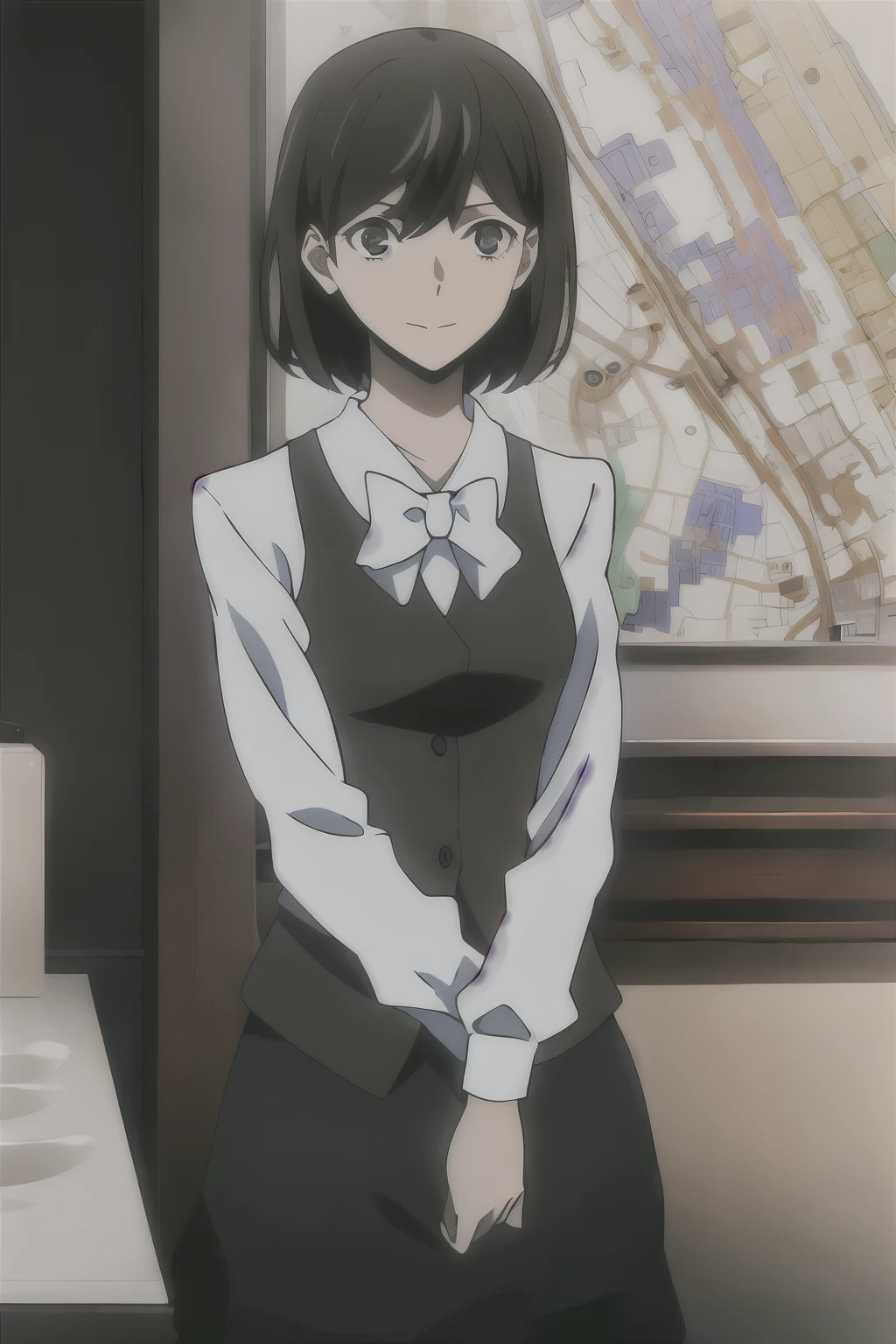 masterpiece, key visual, 1girl, Aryan_Ryker, black eyes, black short hair look like Theodore hair, Flat breasts, Port Mafia uniform, black vest, smile, Go for a walk with Chuuya, arms crossed over chest