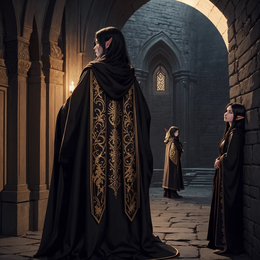 A black-haired girl with white skin, big red lips, a black cloak with golden embroidery, and an elf man with long golden hair, a black robe up to his knees, who is leaning against the castle wall and looking at the girl from behind, and the air is dark.A black-haired girl with white skin, big red lips, a black cloak with golden embroidery, and an elf man with long golden hair, a black robe up to his knees, who is leaning against the castle wall and looking at the girl from behind, and the air is black at night.