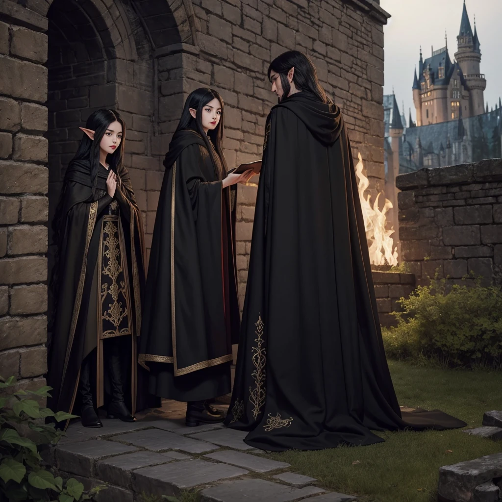 A black-haired girl with white skin, big red lips, a black cloak with golden embroidery, and an elf man with long golden hair, a black robe up to his knees, who is leaning against the castle wall and looking at the girl from behind, and the air is dark.A black-haired girl with white skin, big red lips, a black cloak with golden embroidery, and an elf man with long golden hair, a black robe up to his knees, who is leaning against the castle wall and looking at the girl from behind, and the air is black at night.