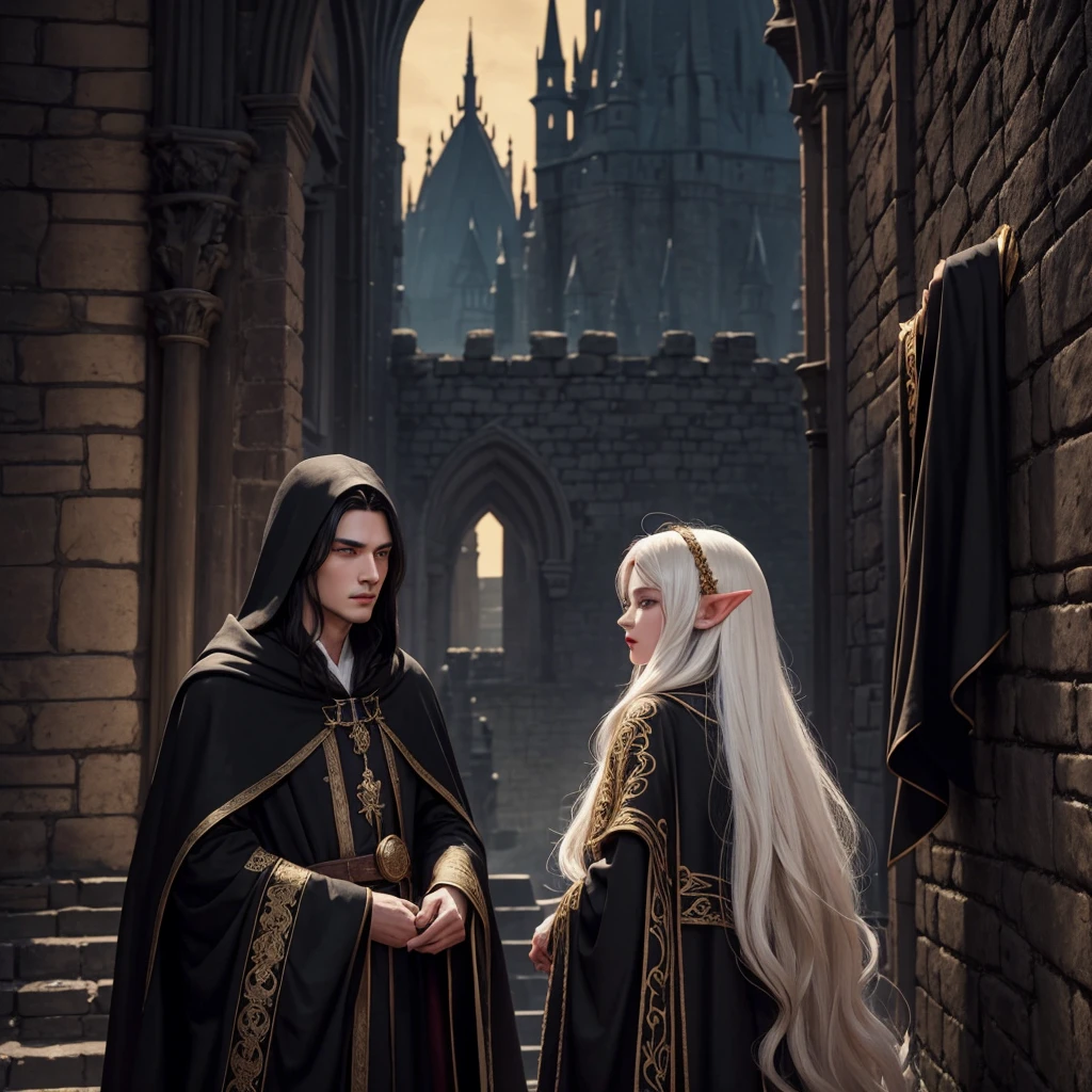 A black-haired girl with white skin, big red lips, a black cloak with golden embroidery, and an elf man with long golden hair, a black robe up to his knees, who is leaning against the castle wall and looking at the girl from behind, and the air is dark.A black-haired girl with white skin, big red lips, a black cloak with golden embroidery, and an elf man with long golden hair, a black robe up to his knees, who is leaning against the castle wall and looking at the girl from behind, and the air is black at night.