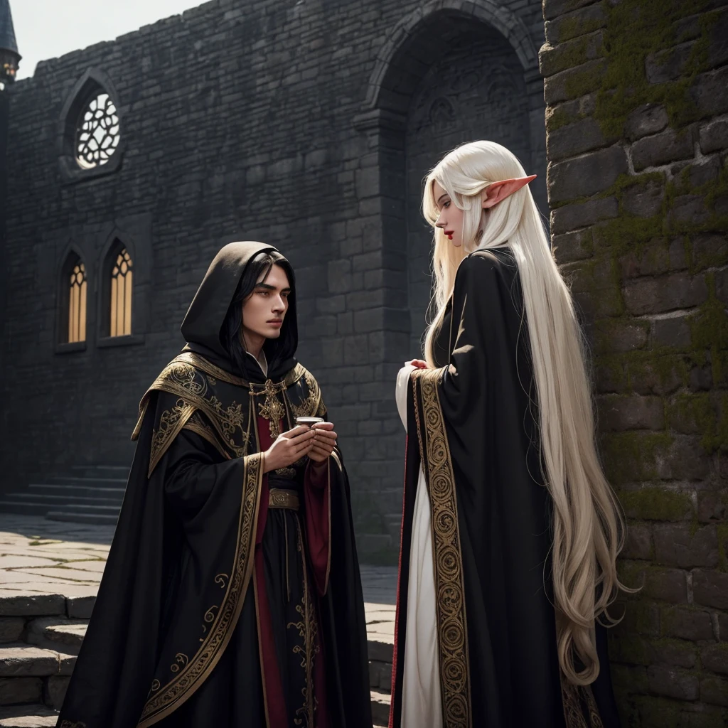 A black-haired girl with white skin, big red lips, a black cloak with golden embroidery, and an elf man with long golden hair, a black robe up to his knees, who is leaning against the castle wall and looking at the girl from behind, and the air is dark.A black-haired girl with white skin, big red lips, a black cloak with golden embroidery, and an elf man with long golden hair, a black robe up to his knees, who is leaning against the castle wall and looking at the girl from behind, and the air is black at night.