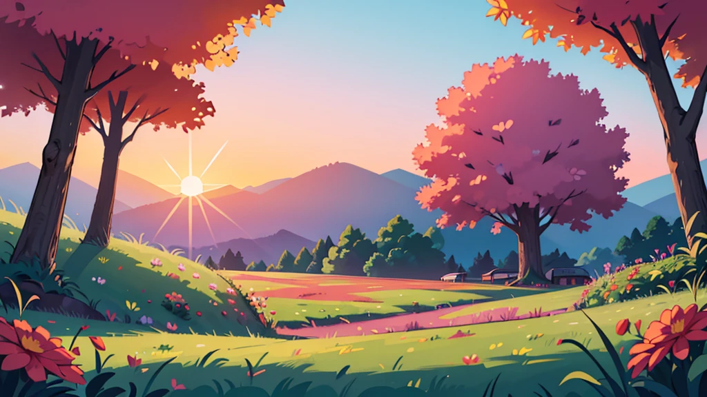 4k ultra HD, twilight sun just below the horizon they sky painted hues of orange, pink and purple landscape, very detailed, perfect lighting, beautiful field, red flowers, lush green grass, a giant massive trunk of tree reaching far into the clouds in the distance