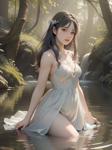 (best quality, 4k, 8k, highres, masterpiece:1.2), ultra-d etailed,(realistic, photorealistic,photo-realistic:1 .37), portrait of fairies,enjoying water play in a beautiful r iver in the forest,fairy with detailed face and hands, enchanted woodland scene, sparkling water, sunlig ht streaming through the trees, vibrant colors, ether eal atmosphere, delicate wings, flowing dresses, mi schievous expressions, shimmering reflections on t he water surface