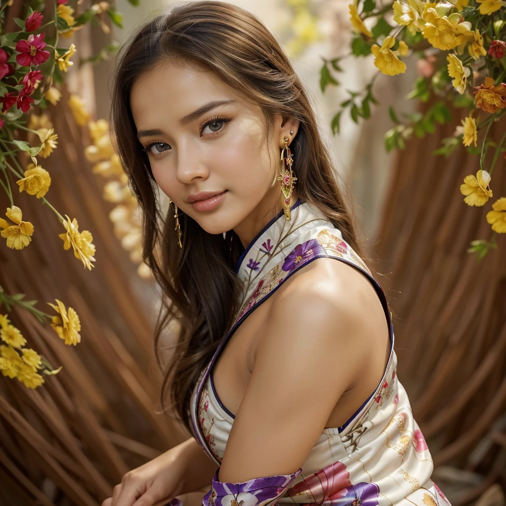 Create a single hyper realistic photo contain a georgous woman on an outstanding scene of rays of lighting on a traditional market, pay attention to the detail of the face arms and body, 32K high resolution wallpaper,