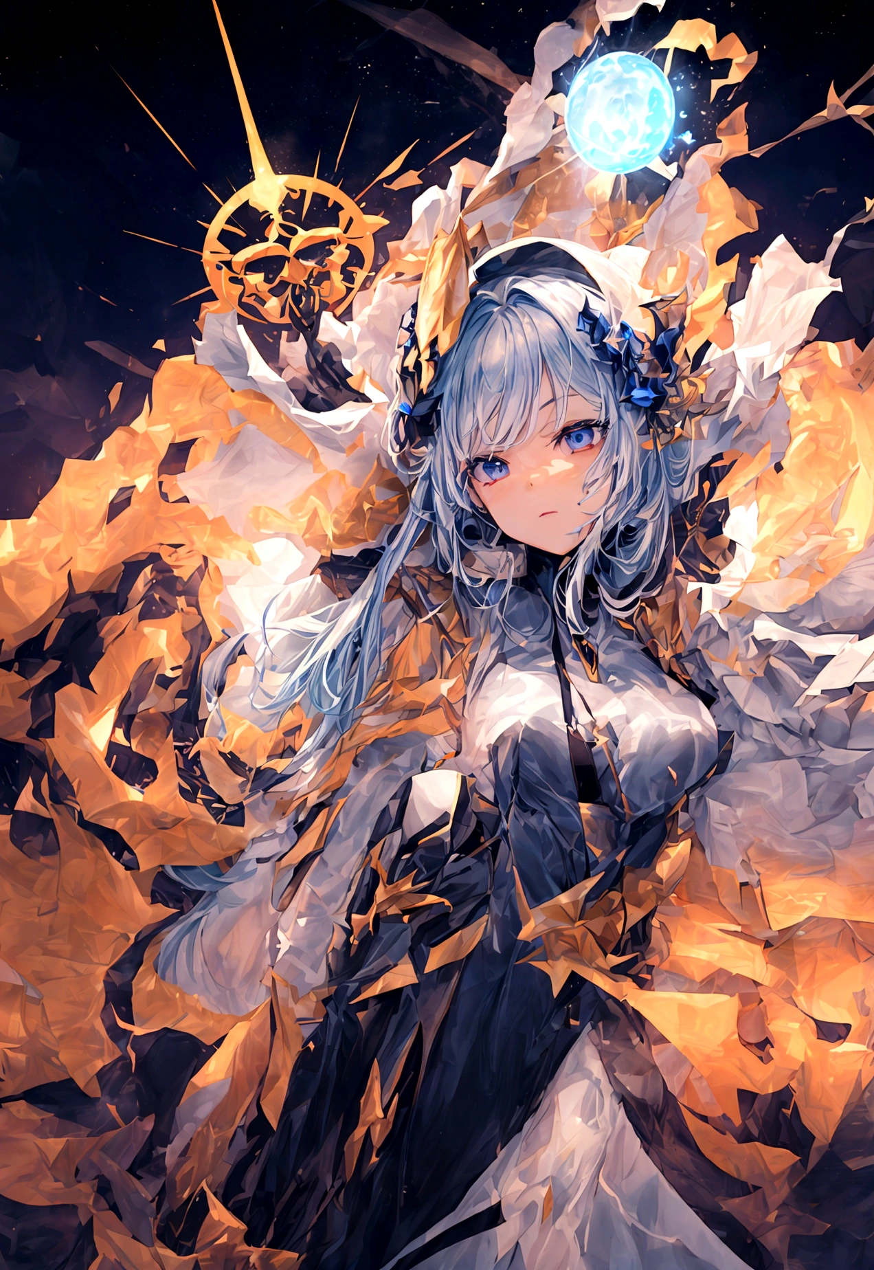 Picture a scene steeped in the depths of space science fiction warfare, where a female commander emerges as the embodiment of resilience and command. Her presence is striking, with white hair that cascades like a cosmic waterfall, tinged with a subtle shade of blue, reminiscent of the distant nebulas. She stands boldly in the midst of an interstellar conflict, her advanced uniform pristine and decorated with the emblems of her esteemed position. The commander’s hat she wears is not just a piece of attire but a symbol of her earned authority. Clutched in her grasp is a mystical sword, its blade alight with an ethereal flame that whispers of ancient power and forgotten lore. As she raises the sword, it seems to resonate with the energy of the cosmos itself. Behind her, the theater of war is set against the breathtaking backdrop of a binary star system, its twin suns weaving a dance of light and gravity that illuminates the void. Their connection forges a radiant arc across the sky, a bridge between worlds and a beacon in the tumultuous dark. This image seeks to capture the commander’s indomitable spirit, the fierce beauty of her unique appearance, and the grandeur of the universe that serves as the stage for this epic saga