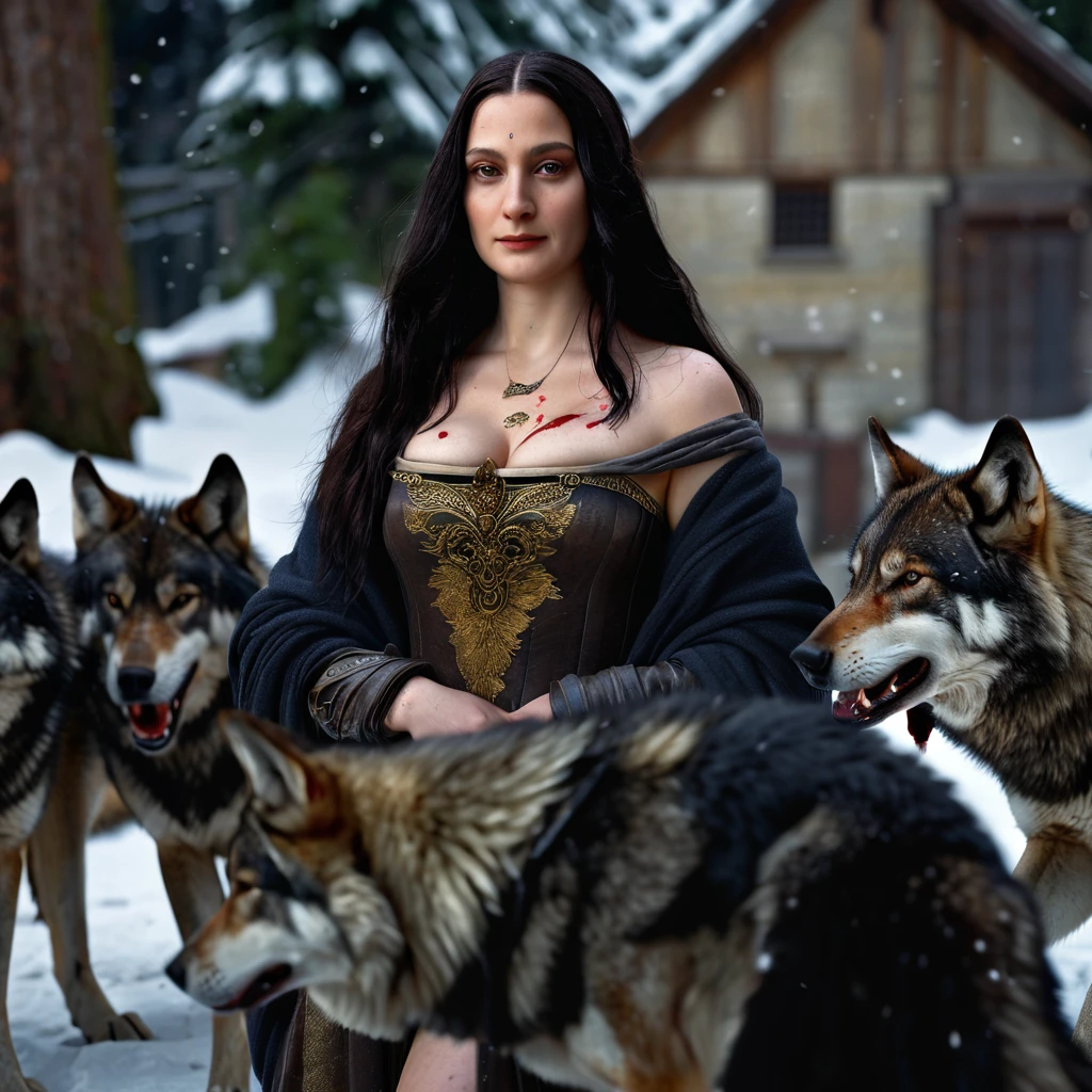 4k highly detailed realistic digital extremely high quality RAW photograph, a portrait photo of Mona Lisa that lived with wolves her whole life is now leading them to battle. torn clothes exposing (nude:1.4) body, armored pauldrons, fangs, curled horns, big breasts, ((snow and blood)), ((wolf tattoos)), epic, hyperrealistic, hyperrealism, 8k, cinematic lighting, greg rutkowski, wlop, (f1.8 short focus bokeh)