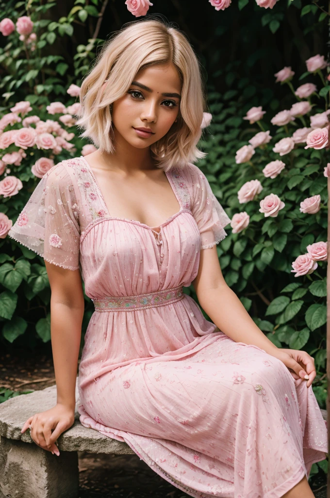 8k, RAW photo, Fujifilm, style photo of a beautiful young Indian woman as avril in a garden of light pink roses (highly detailed skin: 1.2) Style-Petal BREAK short hair, blonde hair with colored locks, wearing a dress, film granulation, 35mm, cute style