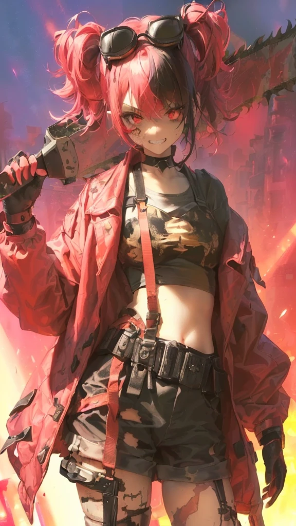 ultra-detailed, crazy girl, beautiful eyes, red eyes, , cute figure, cute face, grin, executioner, small horns on either side of forehead, Steampunk style goggles on head, sharp eyes, wild and bold, hair color pink gradient with black accent only on left side, hair in bun, bob bangs, Steampunk, (((overall clothes are dirty and tattered))), large military design jacket, black shorts, thigh-high knee socks, boots, leather gloves with the fingers cut off, (((worn-out, horrible saw, but cutely designed))), background is a collapsed On a live stage in hell with buildings, pink and red lights shining, composition like a scene from a movie, 16K, top quality, masterpiece