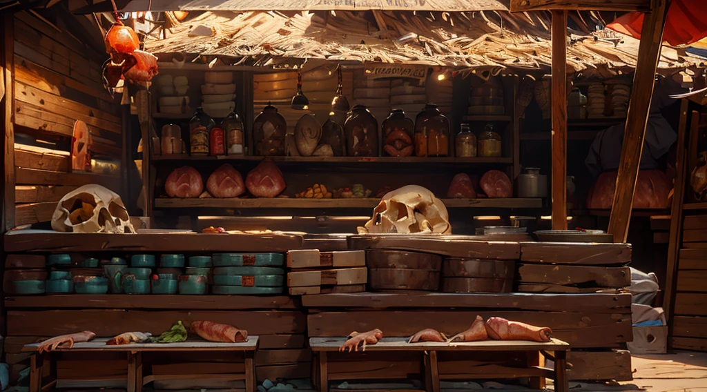 canibal market, market tents, they sell human skulls, human hand and feet, human flesh, meats, (super big jars filled with eyeballs and bloody human internal organs), on a wooden table, only one lamp, early morning, thatched roof,