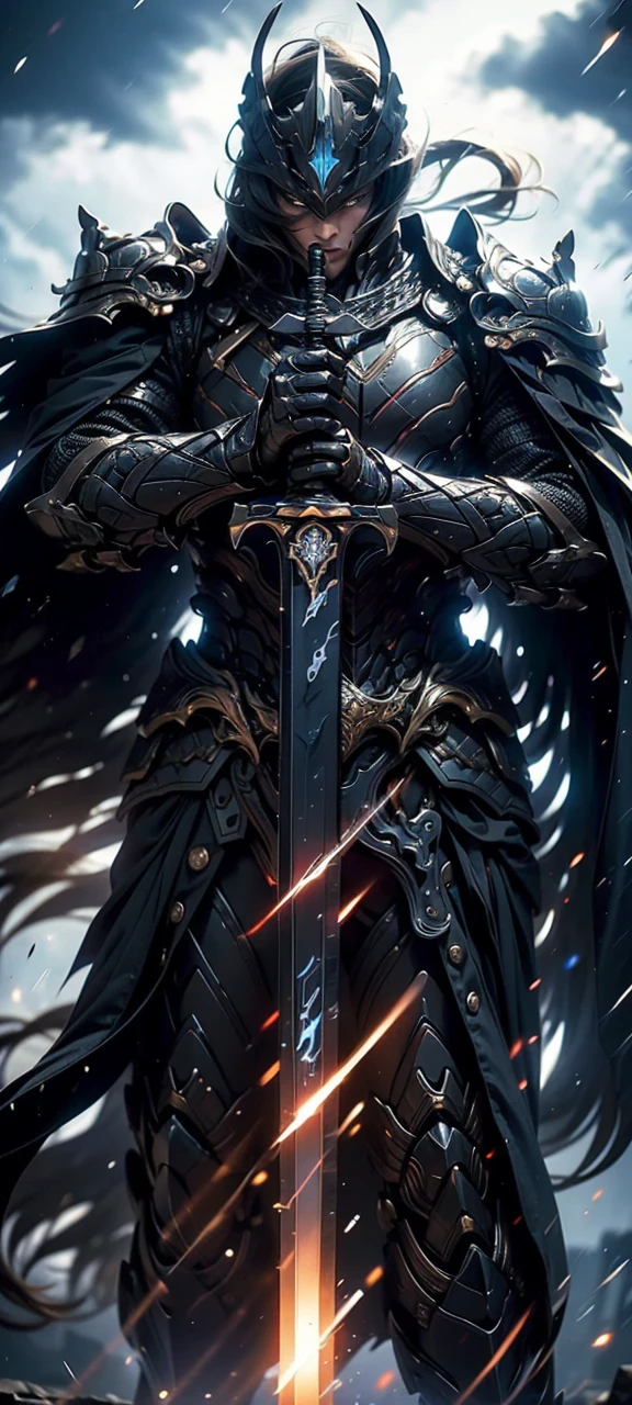 A fierce warrior in full white armor, wearing a large black circle symbol on his chest, wielding a big sword, dynamic battle-ready pose, highly detailed armor textures, sharp sword, dramatic stormy sky background, vivid colors, masterpiece, 8k, photorealistic, chiaroscuro lighting, strong contrast, cinematic composition