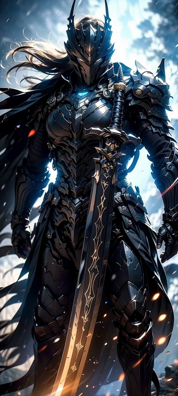 A fierce warrior in full white armor, wearing a large black circle symbol on his chest, wielding a big sword, dynamic battle-ready pose, highly detailed armor textures, sharp sword, dramatic stormy sky background, vivid colors, masterpiece, 8k, photorealistic, chiaroscuro lighting, strong contrast, cinematic composition