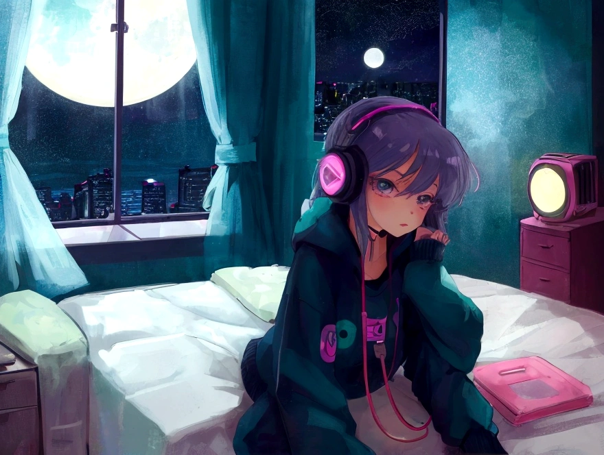 1 girl, 90s cartoon style, night, Studio Room, moon, Girl wearing headphones, late night room, Listening to music alone, City Pop, low quality, Lo-Fi, Chill, late night, Rooms for single people, Dark Room, outside the window is a night view of the near future,sexy