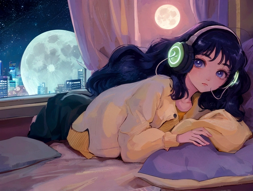 1 girl, 90s cartoon style, night, Studio Room, moon, Girl wearing headphones, late night room, Listening to music alone, City Pop, low quality, Lo-Fi, Chill, late night, Rooms for single people, Dark Room, outside the window is a night view of the near future,sexy
