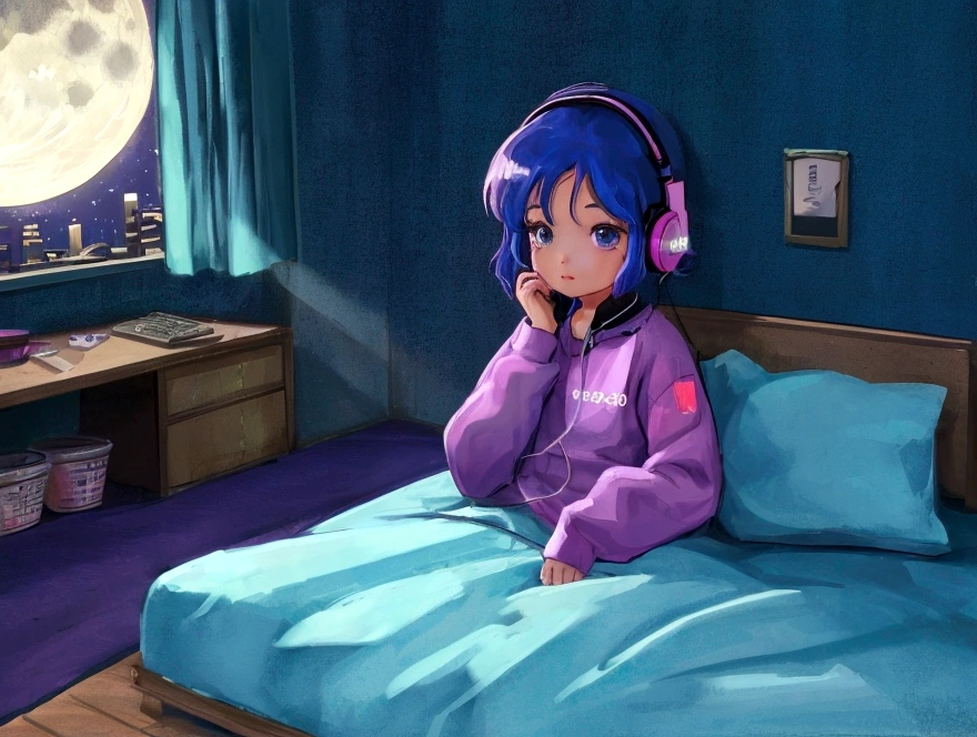 1 girl, 90s cartoon style, night, Studio Room, moon, Girl wearing headphones, late night room, Listening to music alone, City Pop, low quality, Lo-Fi, Chill, late night, Rooms for single people, Dark Room, outside the window is a night view of the near future,sexy