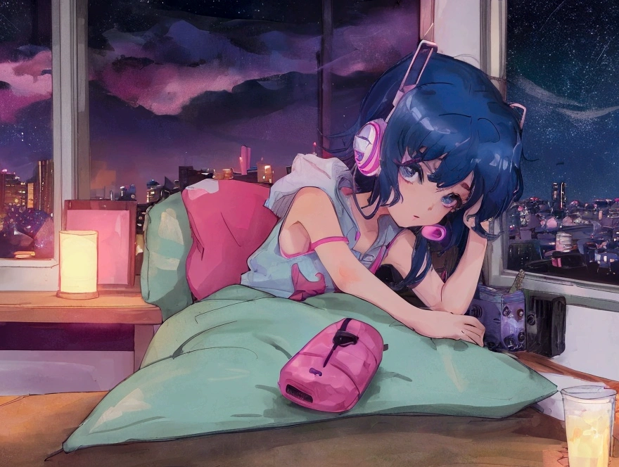 1 girl, 90s cartoon style, night, Studio Room, moon, Girl wearing headphones, late night room, Listening to music alone, City Pop, low quality, Lo-Fi, Chill, late night, Rooms for single people, Dark Room, outside the window is a night view of the near future,sexy