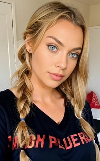 beautiful blonde dressed in pajamas in evening red and black blue eyes woman gorgeous braided hair